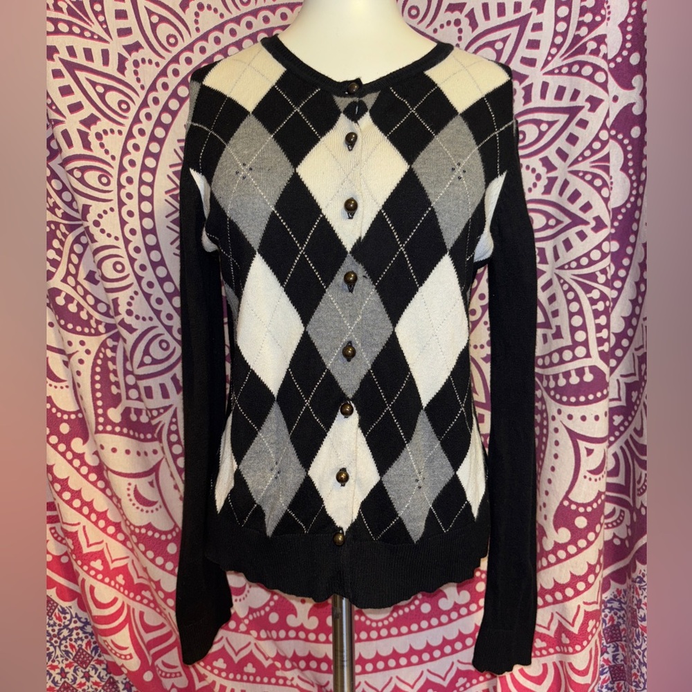 Charter Club Petite Black Diamond Button Down Cardigan Women’s Petite Size Small